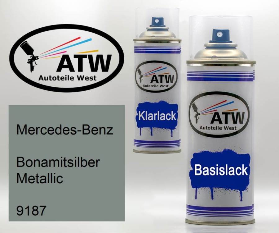 Mercedes-Benz, Bonamitsilber Metallic, 9187: 400ml Sprühdose + 400ml Klarlack - Set, von ATW Autoteile West.